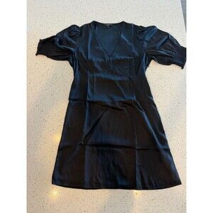 Quince Black Mini Dress Satin Puff Sleeves V-Neck Stretch Washable Pullover S
